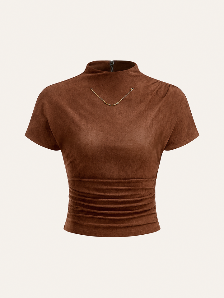 Suede Back Zip Ruched Short-Sleeve Top