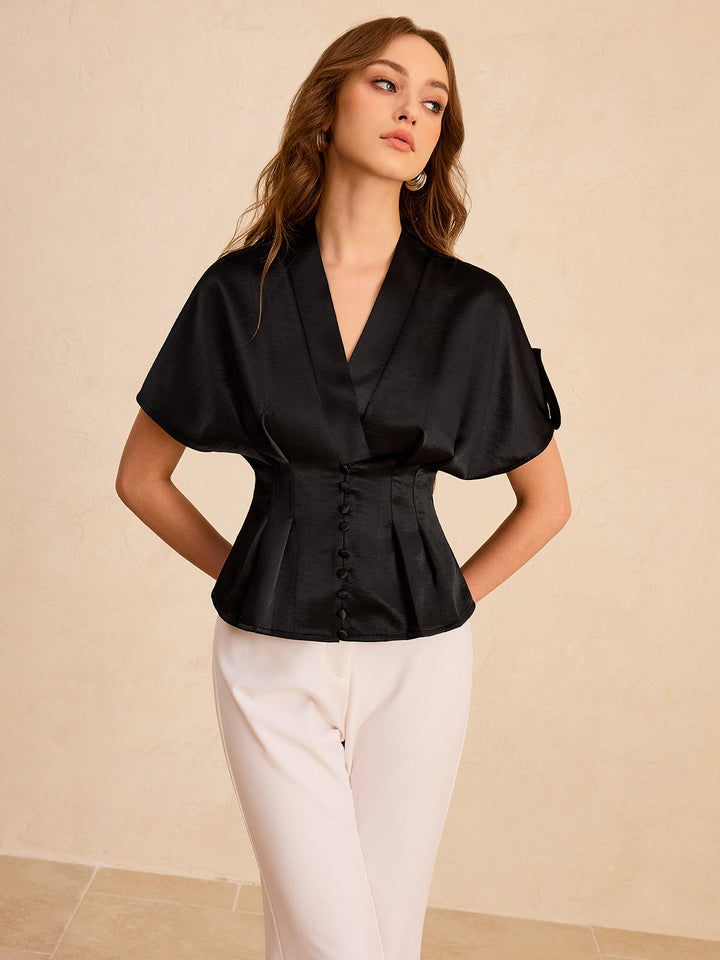 Satin Pleated Button Peplum Top