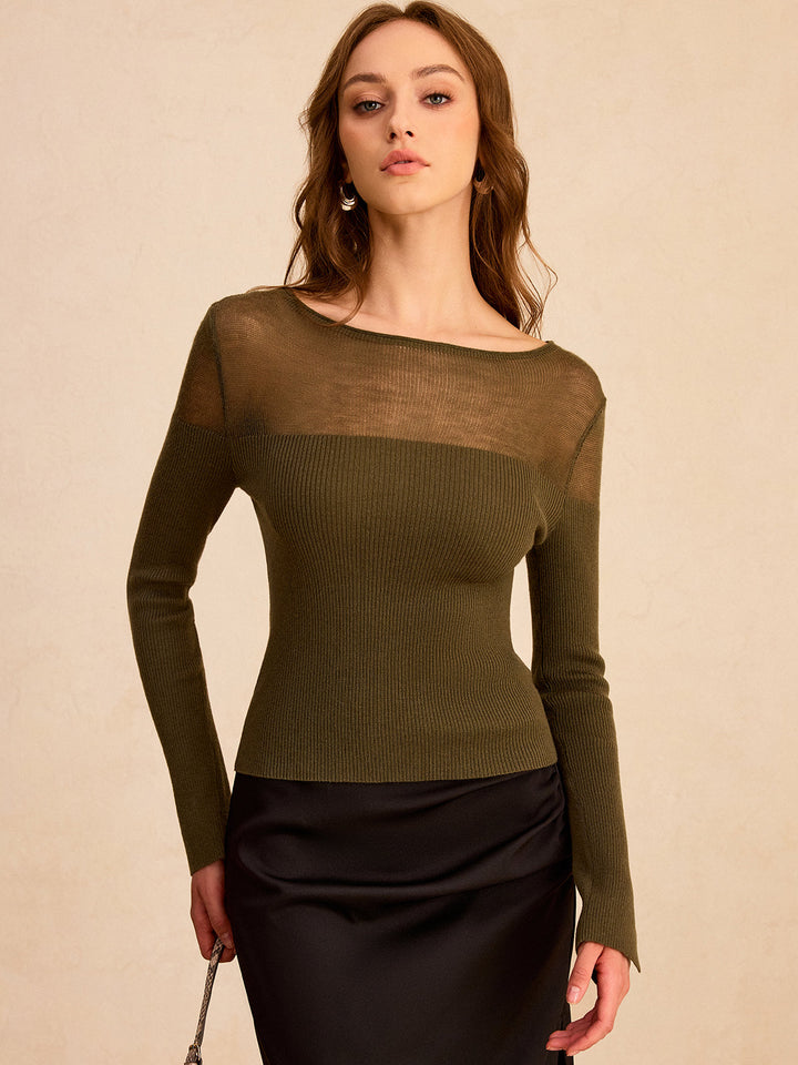 Sheer-Paneled Boat Neck Knit Top