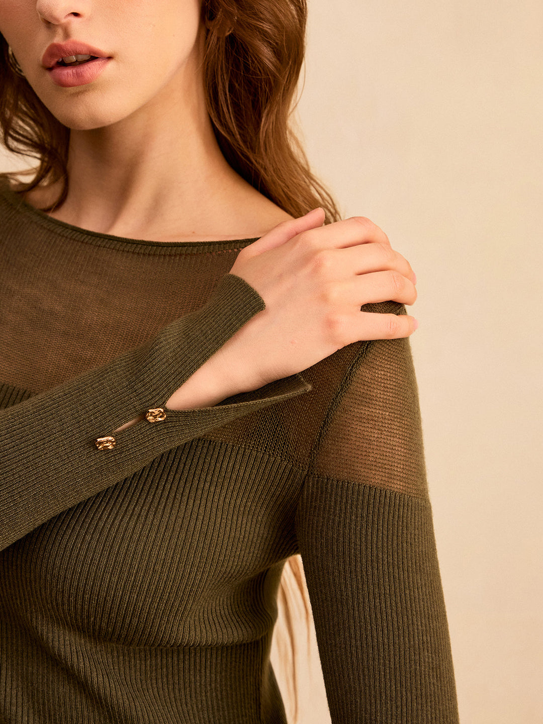 Sheer-Paneled Boat Neck Knit Top