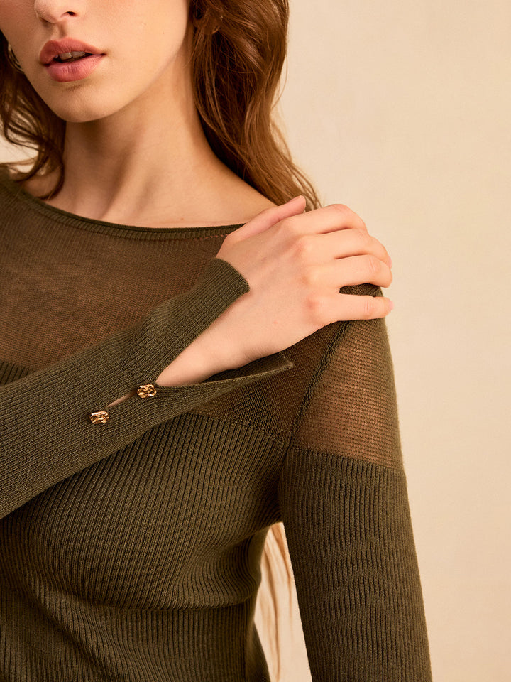 Sheer-Paneled Boat Neck Knit Top