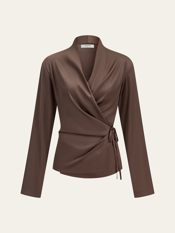 Satin Wrap-Front Long-Sleeve Top