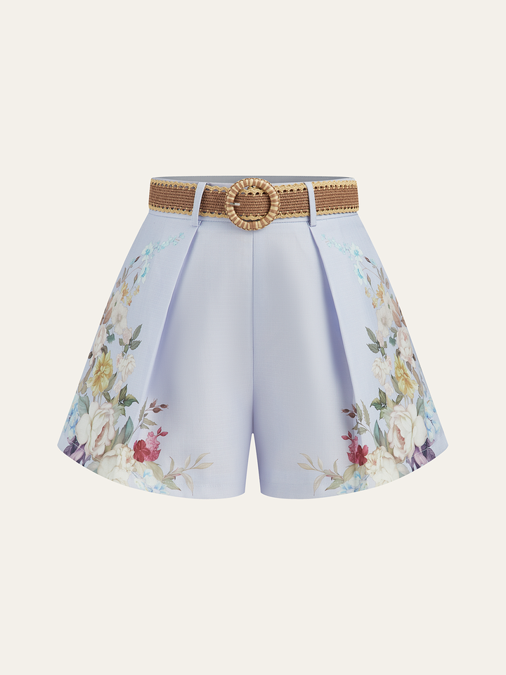 Floral Printed Belted Mid-Waist Shorts