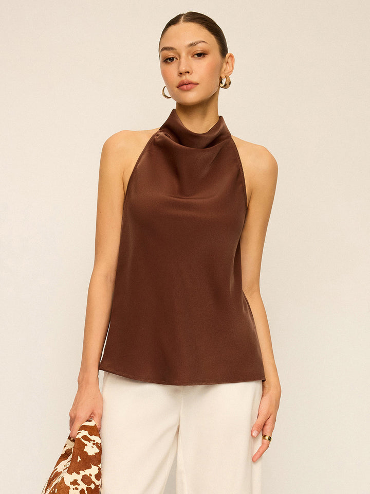 Satin Cowl Neck Halter Backless Top