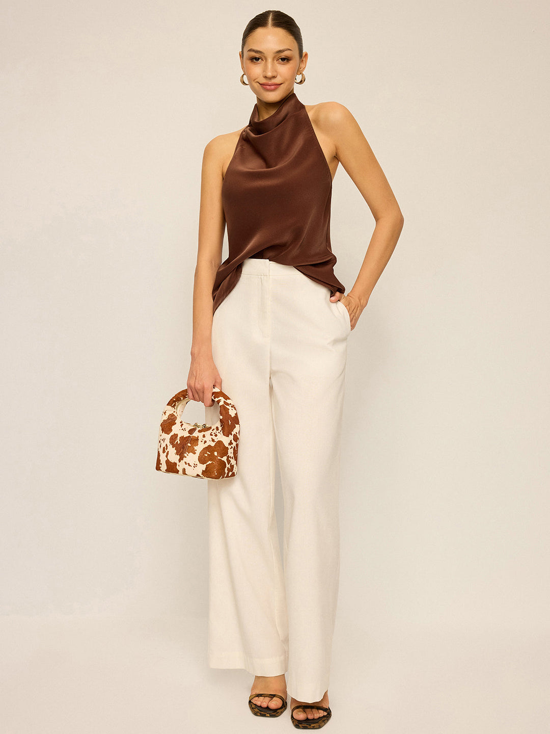 Satin Cowl Neck Halter Backless Top