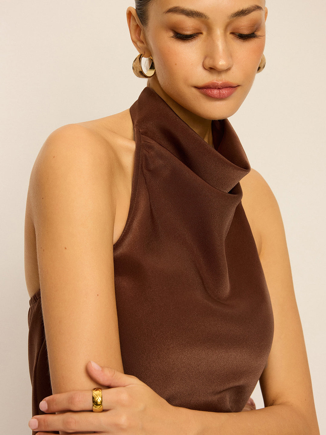Satin Cowl Neck Halter Backless Top