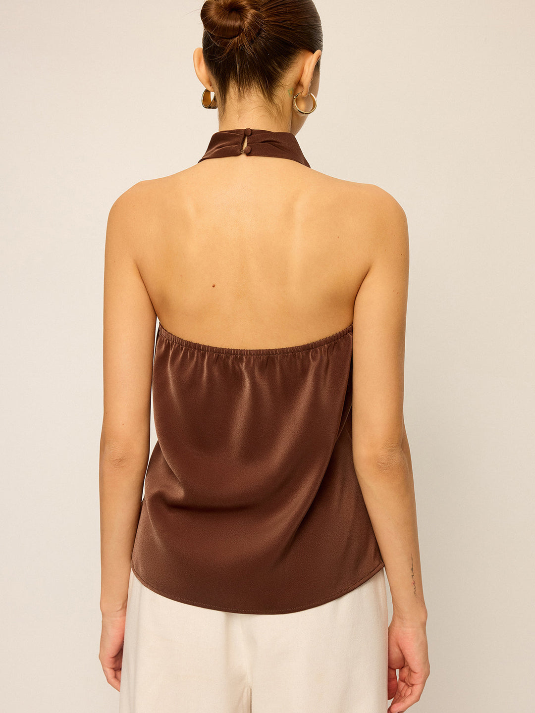 Satin Cowl Neck Halter Backless Top