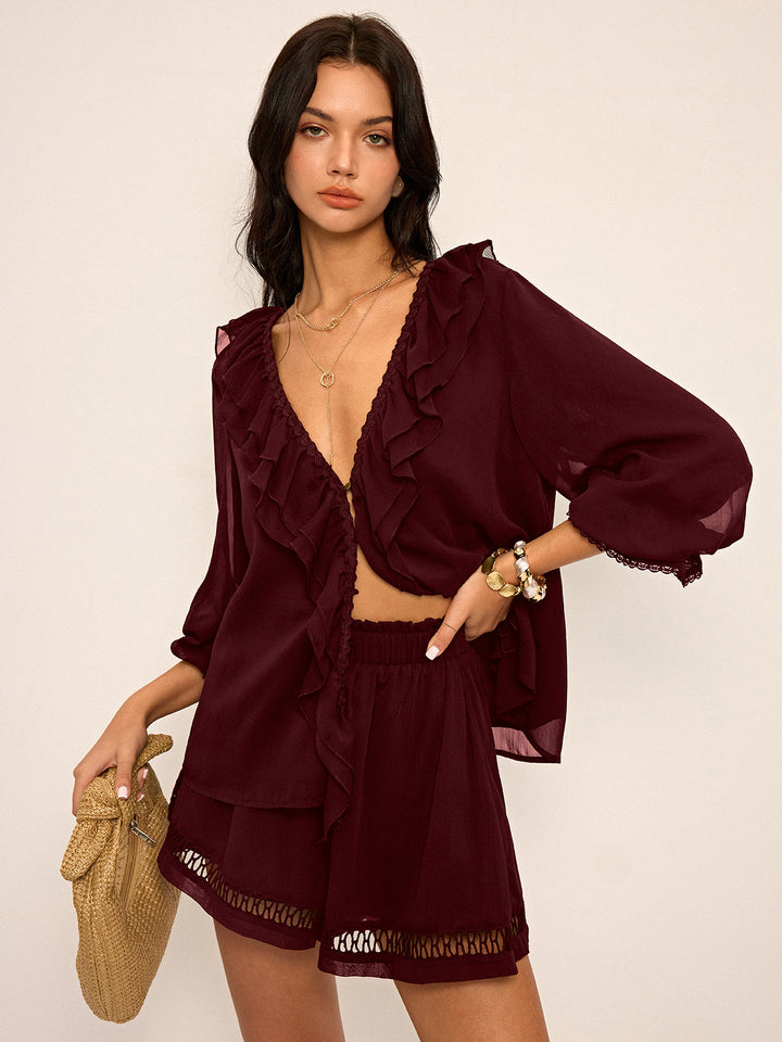 Ruffled Button Chiffon Top and Shorts Set