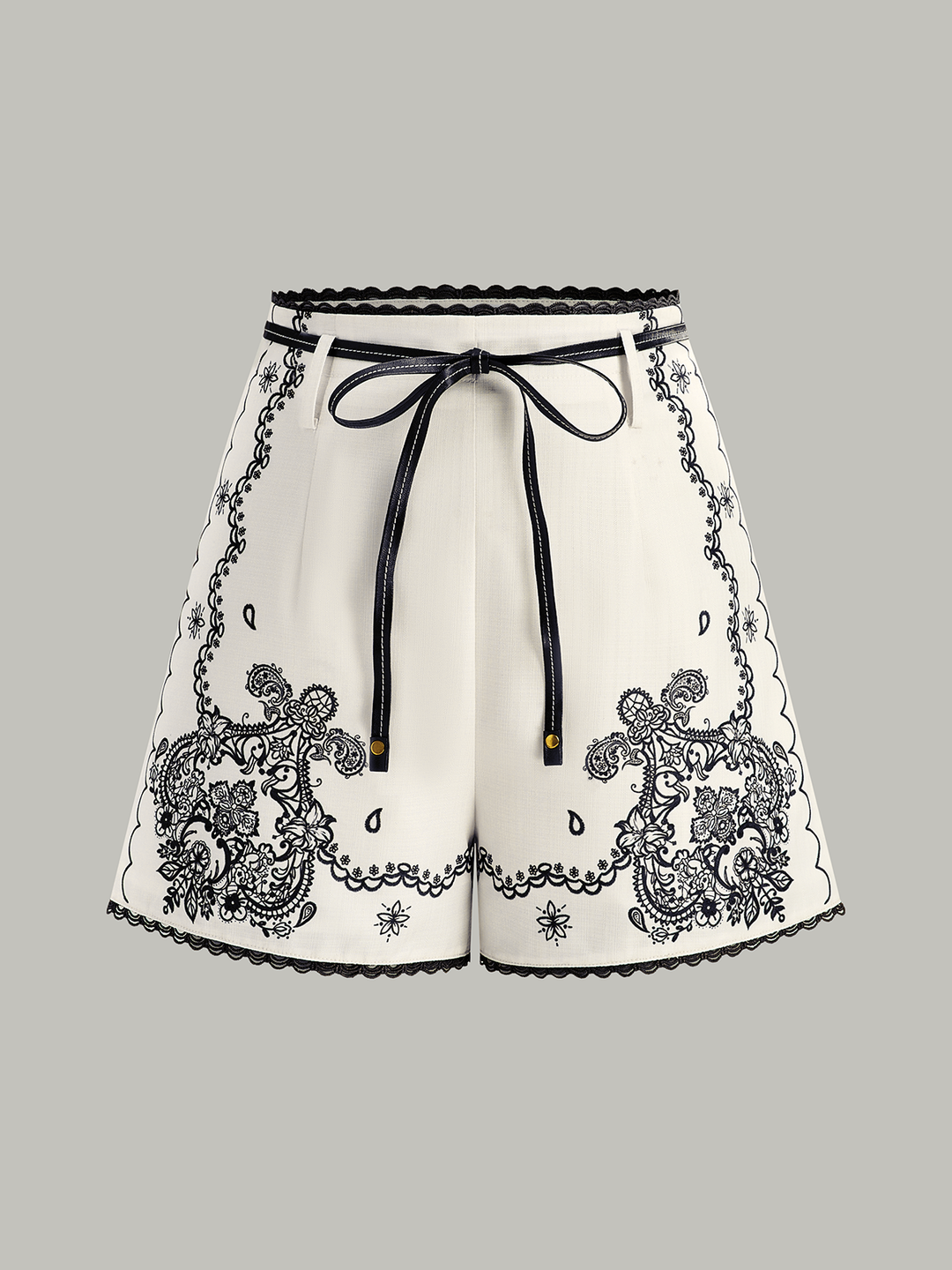 Floral Printed Suit Shorts with Lace Trims and Belt