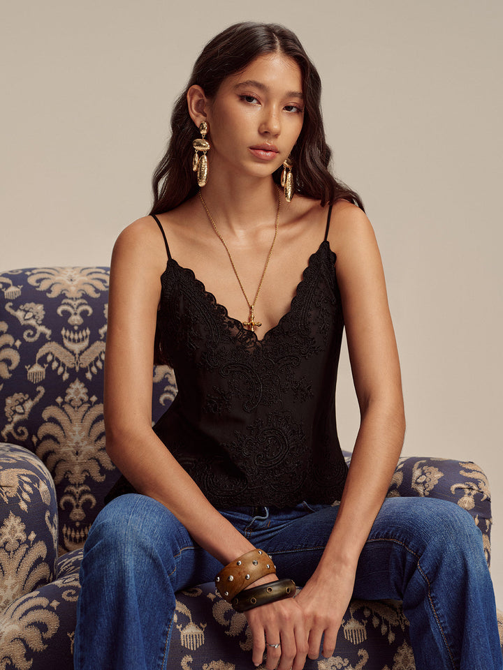 Semi-Sheer Embroidered Floral Chiffon Cami Top