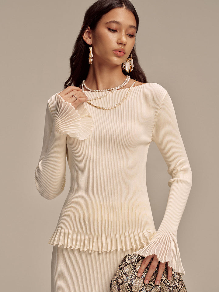 Ribbed Knit Mesh Ruffled Hem Bell Sleeve Top