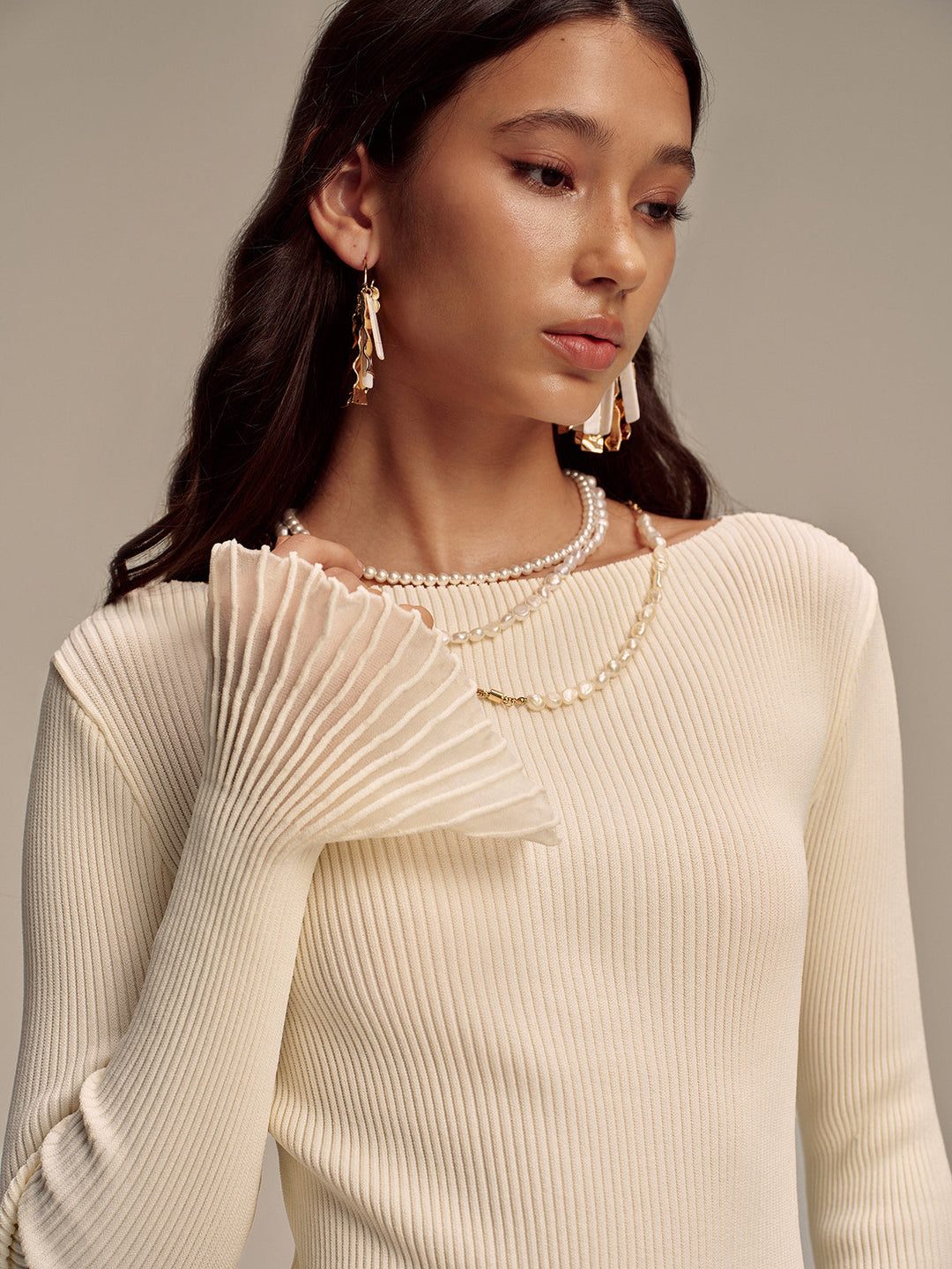 Ribbed Knit Mesh Ruffled Hem Bell Sleeve Top