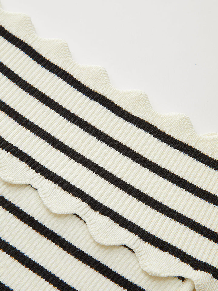 Striped Off-Shoulder Metal Button Knit Top