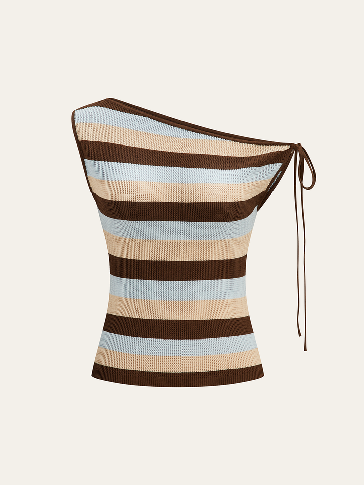 One-Shoulder Striped Knit Top with Tie Detail