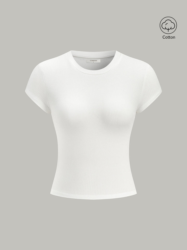 Ribbed Crew Neck Short Sleeve Cotton-Blend Top