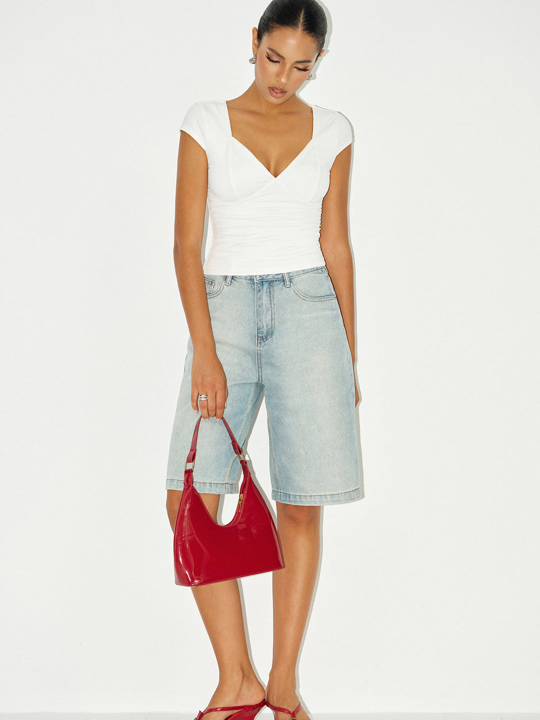 Mid-Waist Denim Bermuda Shorts