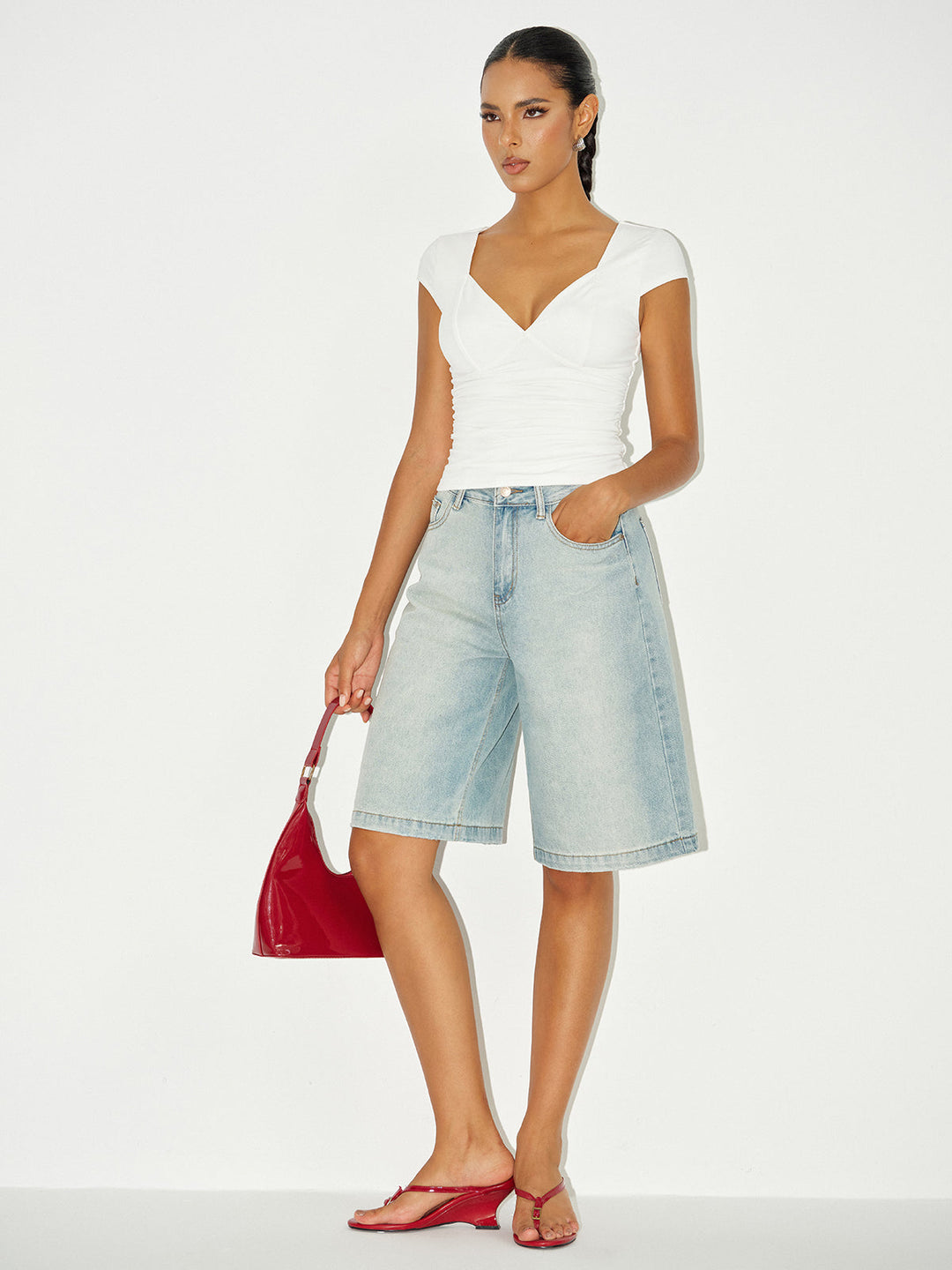 Mid-Waist Denim Bermuda Shorts