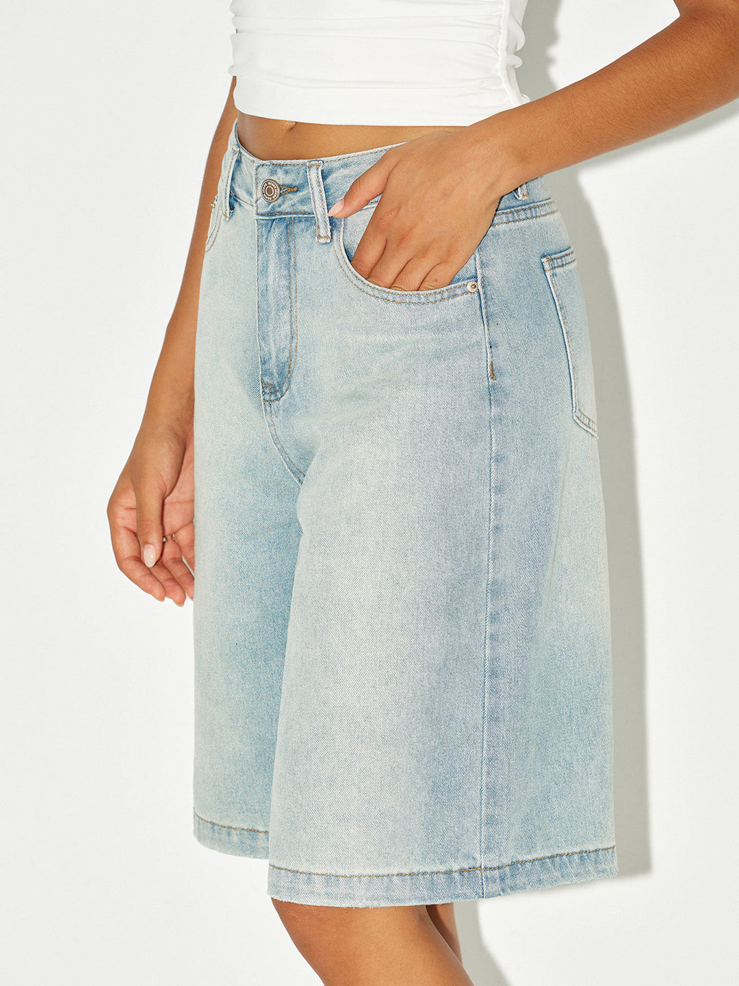 Mid-Waist Denim Bermuda Shorts