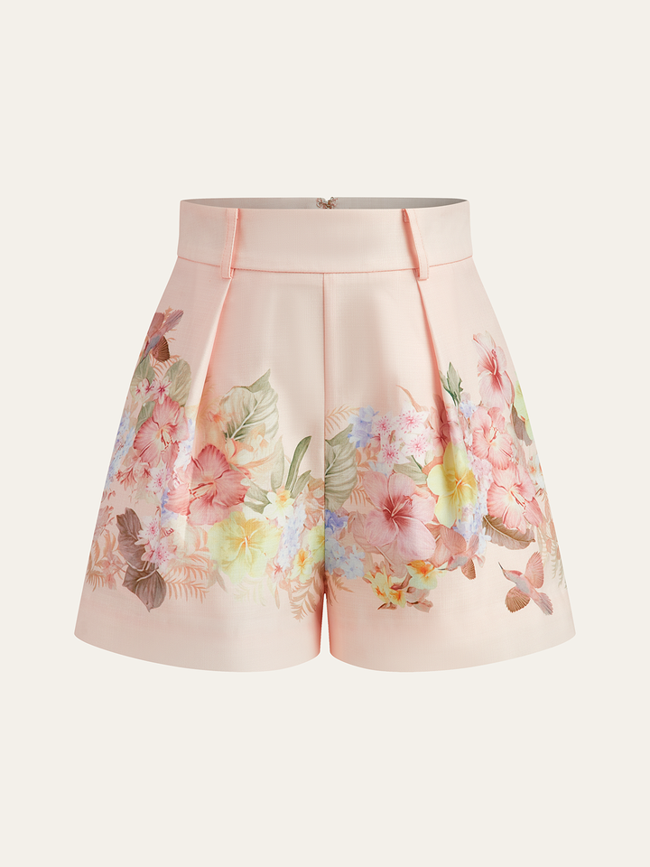 Floral Print Three-Piece Shorts Set With Belt