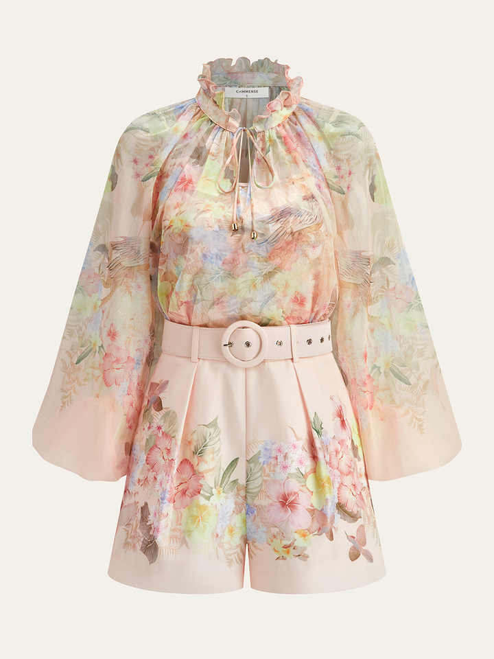 Floral Print Three-Piece Shorts Set With Belt