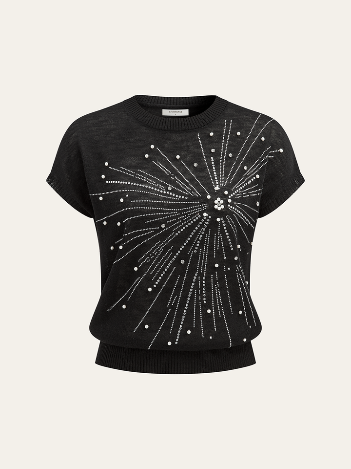 Rhinestone & Pearl Firework Pattern Knit Top