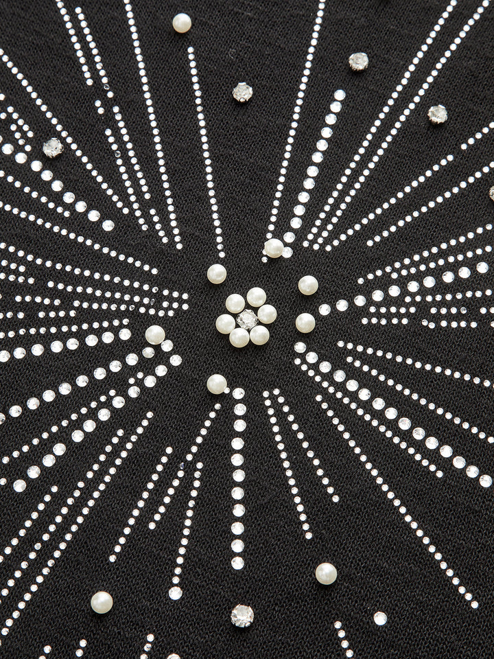 Rhinestone & Pearl Firework Pattern Knit Top