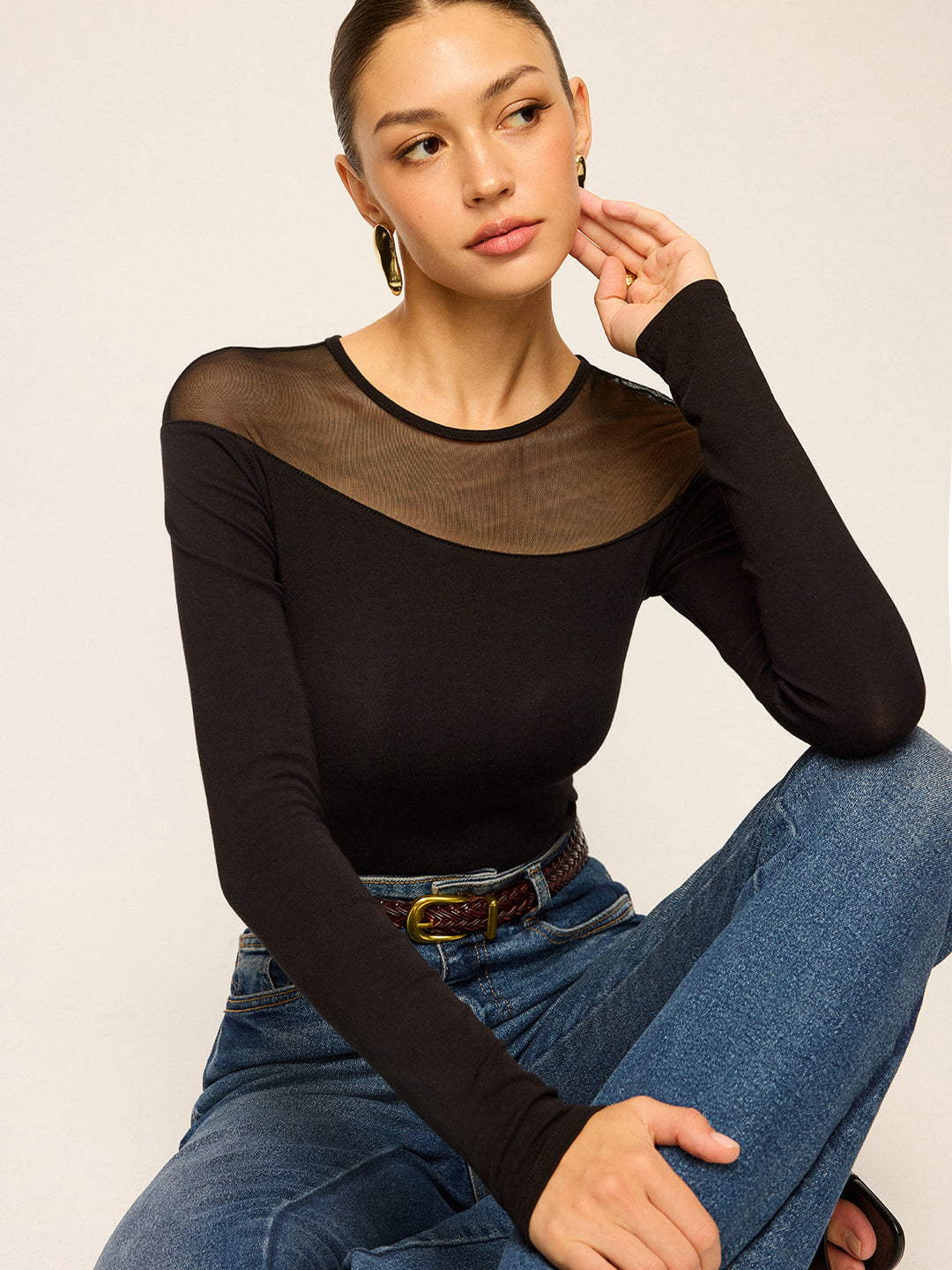 Sheer-Paneled Long-Sleeve Top