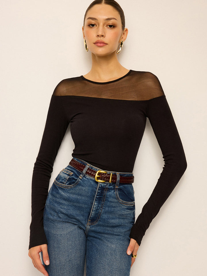 Sheer-Paneled Long-Sleeve Top