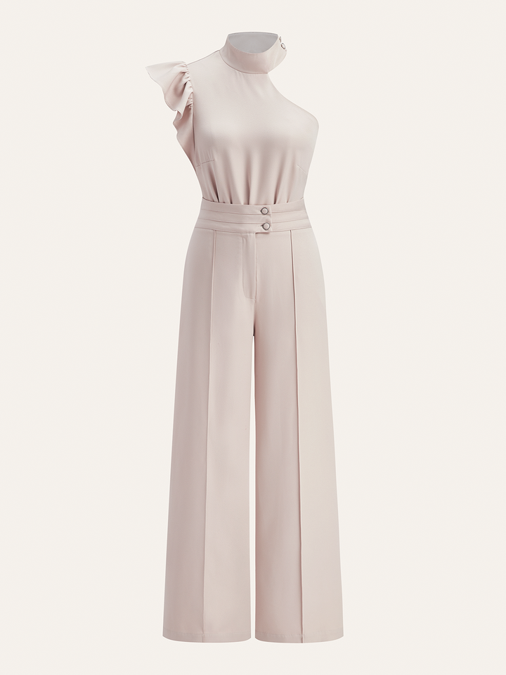 One-Shoulder Ruffled Top and Double-Button Pants Set