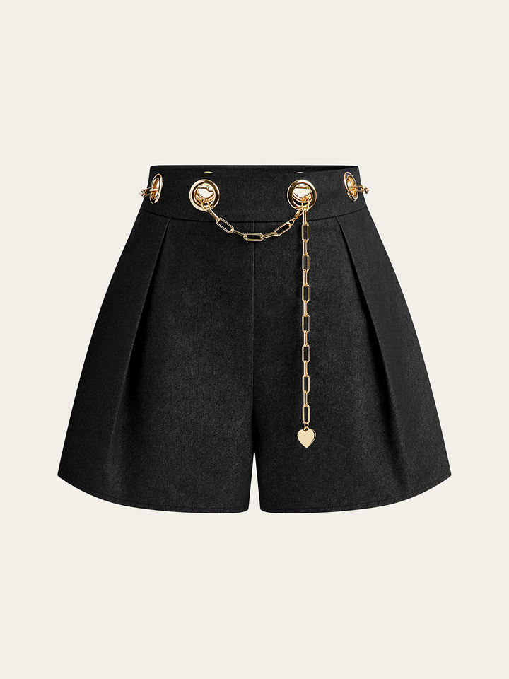Faux Denim Shorts with Metal Chain Belt